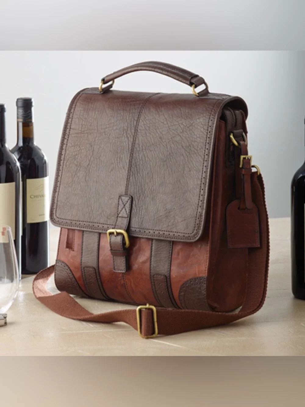 Wine Enthusiast BYO  3-Bottle Leather Wine Tote Bag